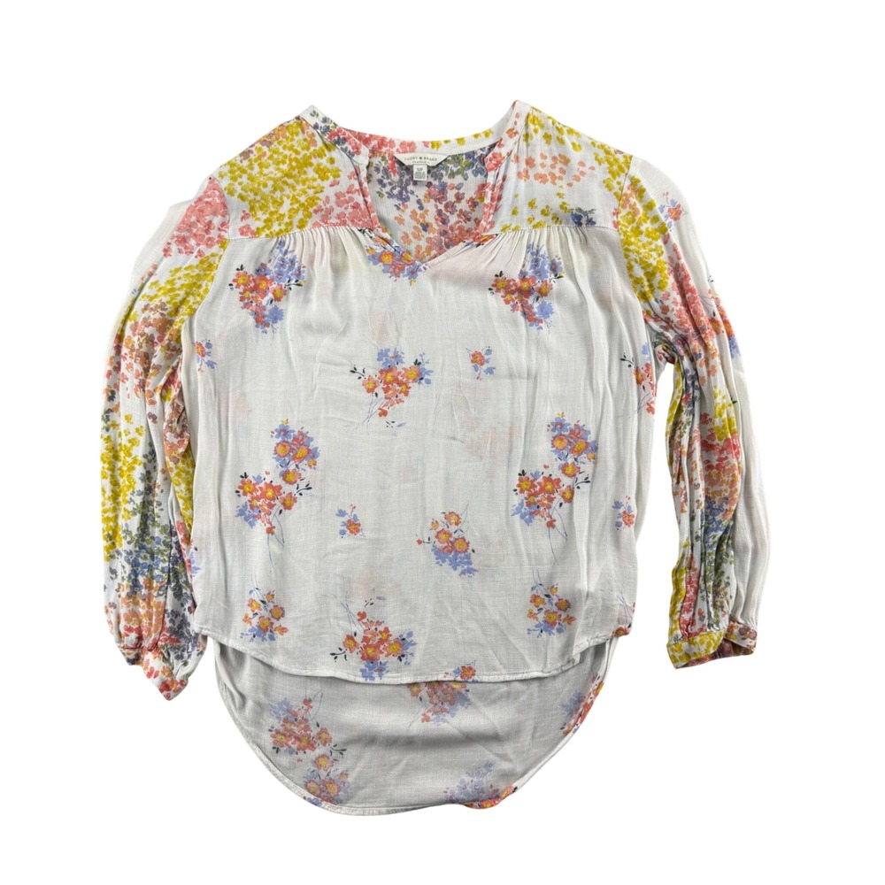 Lucky Brand Women White Floral Print Long Sleeve Split Neck Peasant Blouse Small